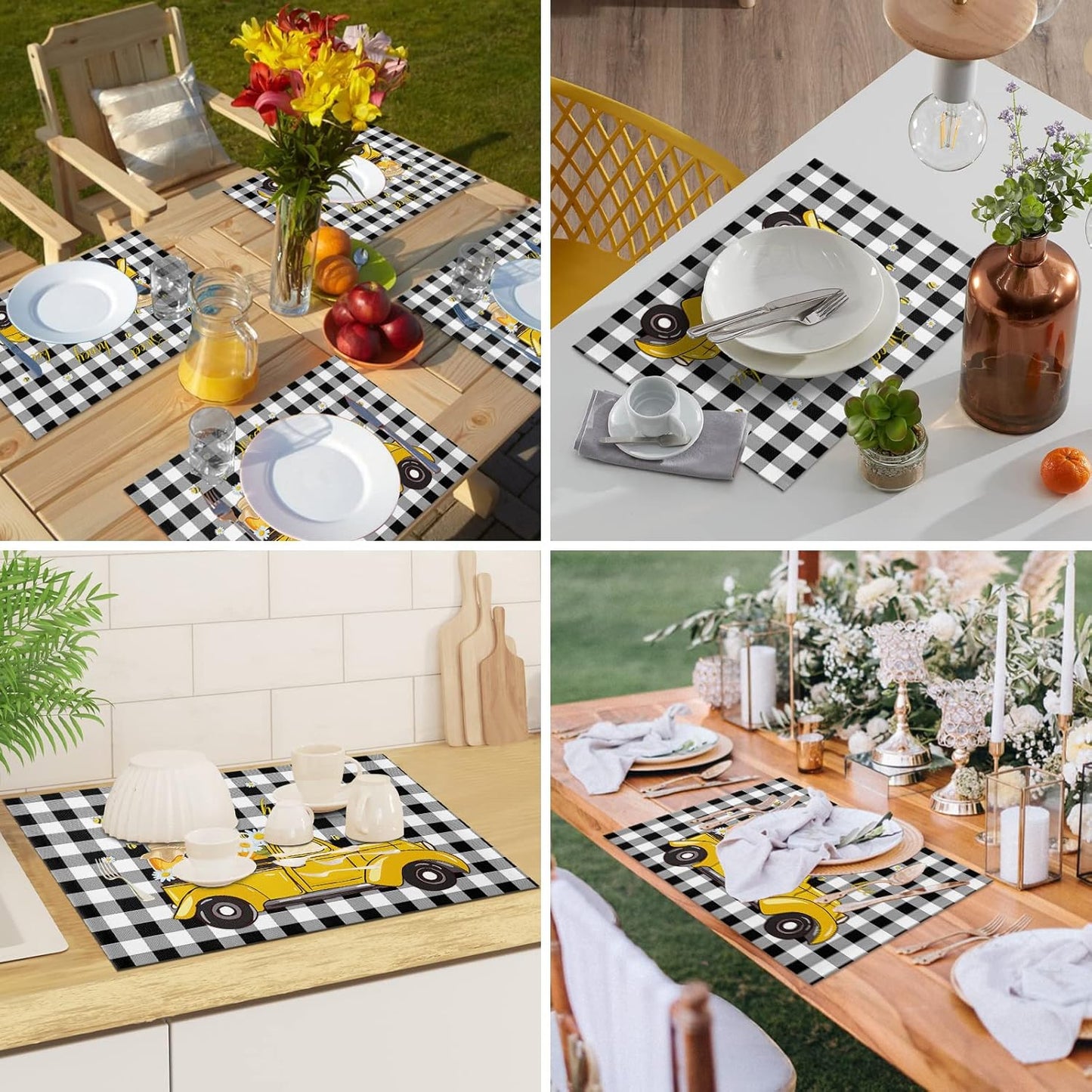 Sweet Honey Bee Placemats Set of 6, Washable Heat-Proof Table Mats for Kitchen Dinner Banquet, Summer Bee Yellow Truck