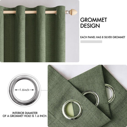 MIULEE 100% Blackout Linen Textured Curtains - Thermal Insulated Olive Green Drapes | 52 x 84 Inch (2 Panels)