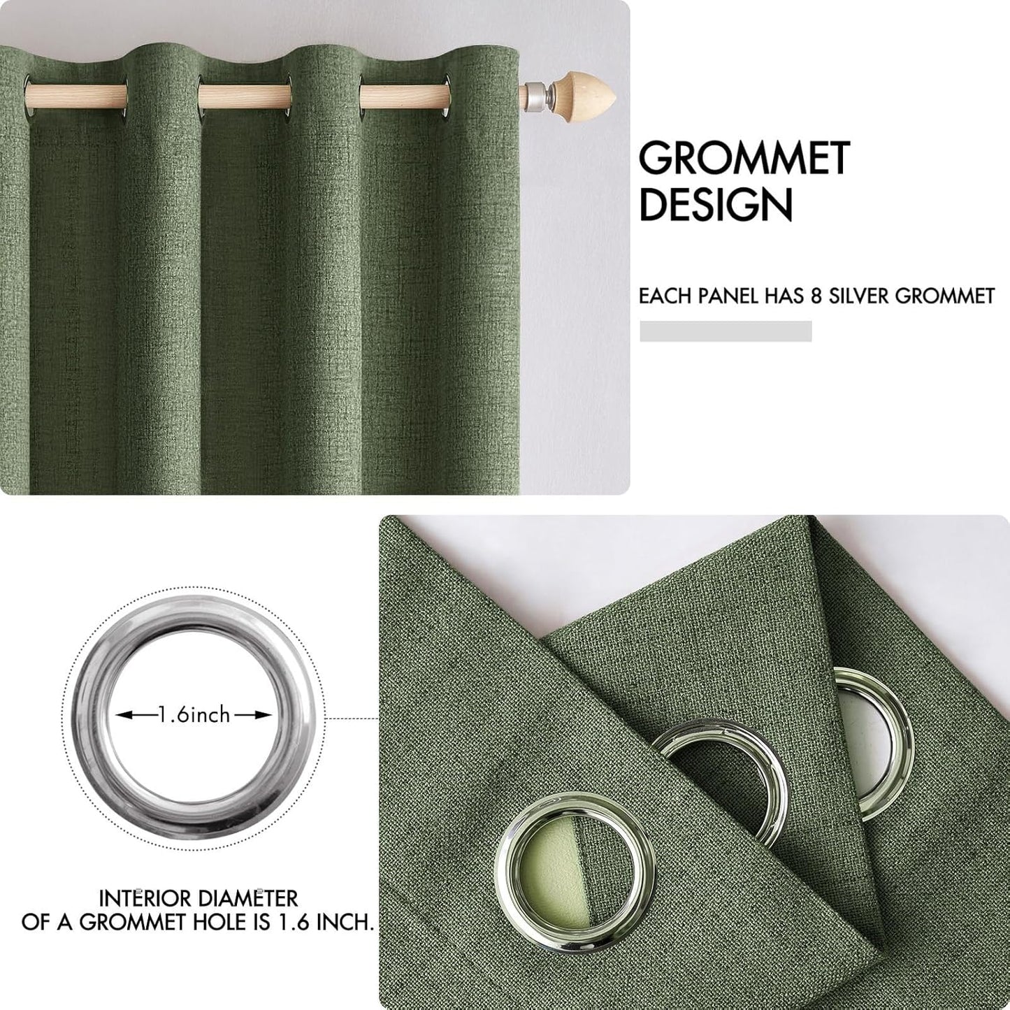 MIULEE 100% Blackout Linen Textured Curtains - Olive Green Thermal Insulated Drapes | 52 x 96 Inch (2 Panels)