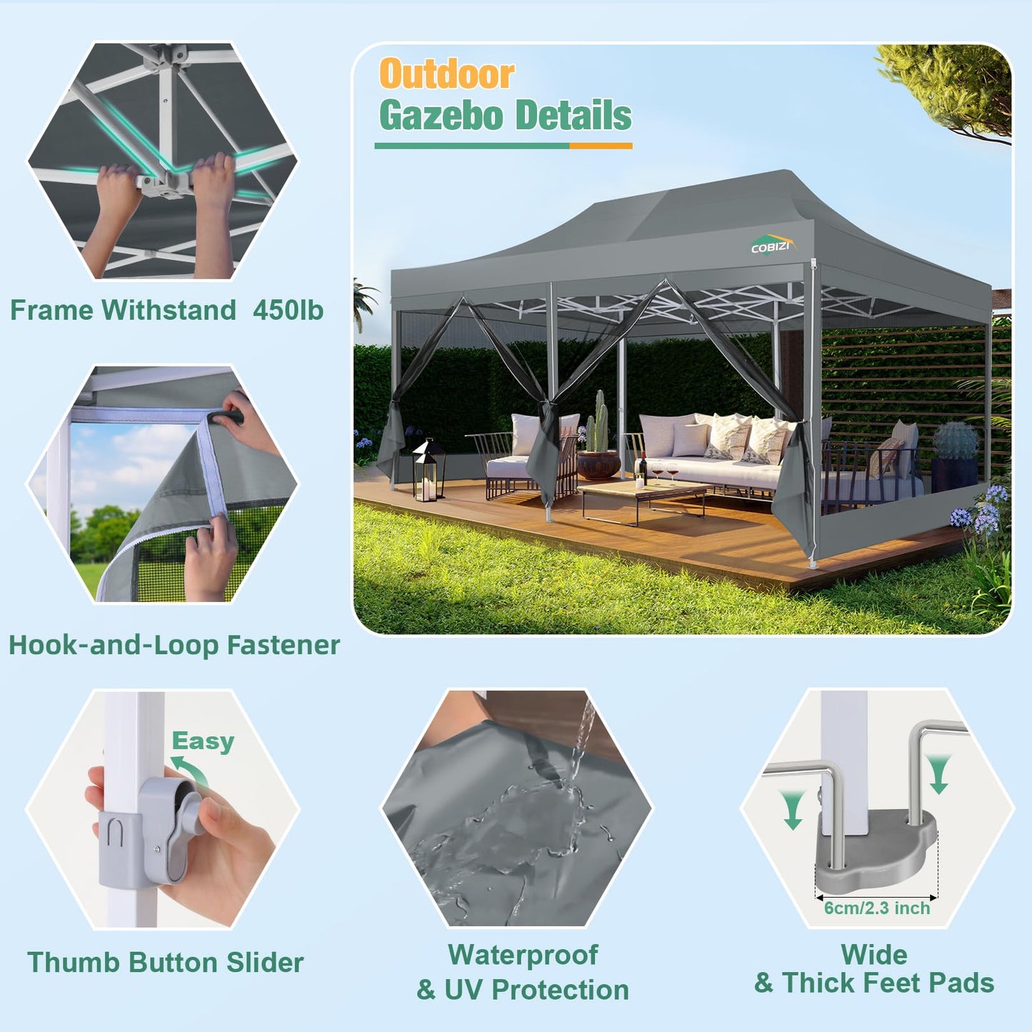 COBIZI 10x20 Canopy Tent, Heavy Duty Pop up Canopy with Sidewalls, Waterproof Easy Setup Canopy with Mosquito Netting, Outdoor Instant Screen Tents for Parties, Wedding with Roller Bag, Gray