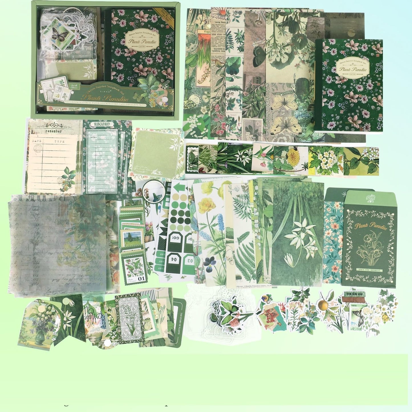 Koqye Green Plants Scrapbook Kit - 157-Piece DIY Craft Supplies for Holiday Cards, Journals & Gifts Includes Notebook, Washi Tape, Stickers & More (Green Plants)