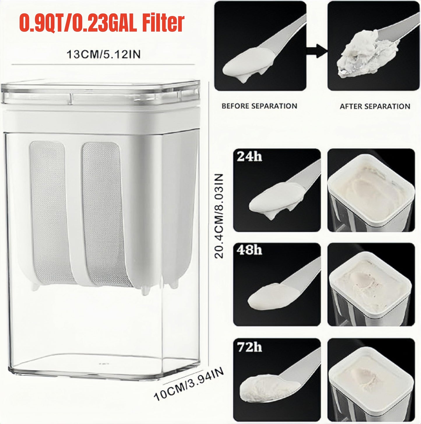 Yogurt Strainer——「0.9QT/0.23GAL Filter」 &「1.9QT/0.475GAL Total」, Yogurt Strainer Greek Yogurt Strainer Yogurt Press, BPA-Free PP Strainer for Whey Separation（Filter0.9QT/0.23GAL）