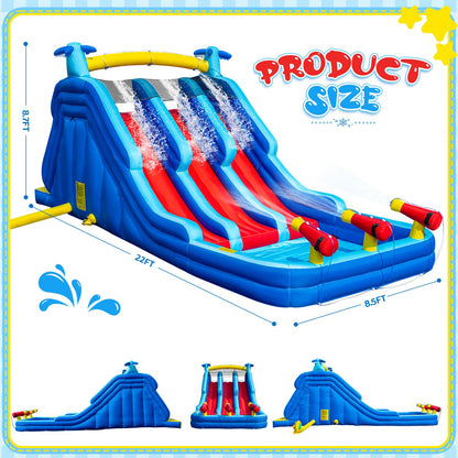 22FT Oxford Inflatable Water Slide Family Version of Water Park Equipped with a Pool Climbing Area and Slide Track Suitable for Summer Swimming Pool Parties and Family Gatherings （Include Blower）