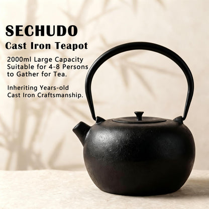 SECHUDO 67.6oz Cast Iron Teapot for Stovetop Safe, Black Chinese Tea Kettle with Stainless Steel Infuser for Loose Leaf, Heavy and Large Tea Pot for Induction Cooker, Teapot Enameled Interior