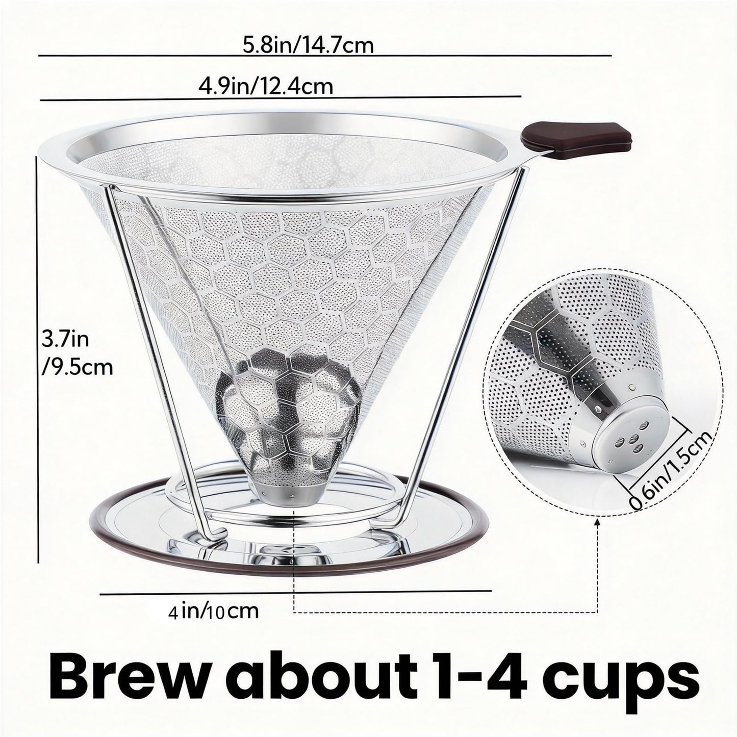 Vikuces®800 Mesh Reusable Pour Over Coffee Dripper, Metal Stainless Steel Honeycomb Filter, Paperless Cone Filter for Hario V60, Chemex and Mugs with Separate Stand, Single Cup Coffee Maker, 1-4 Cup