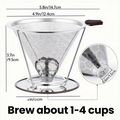 Vikuces®800 Mesh Reusable Pour Over Coffee Dripper, Metal Stainless Steel Honeycomb Filter, Paperless Cone Filter for Hario V60, Chemex and Mugs with Separate Stand, Single Cup Coffee Maker, 1-4 Cup