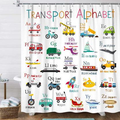 Grtuspr Vehicles Alphabet Shower Curtain for Kids, Kid Excavator Tractor Machinery Trucks Curtain, Construction Vehicle Boys, Bulldozer Crane Bath Equipment Truck