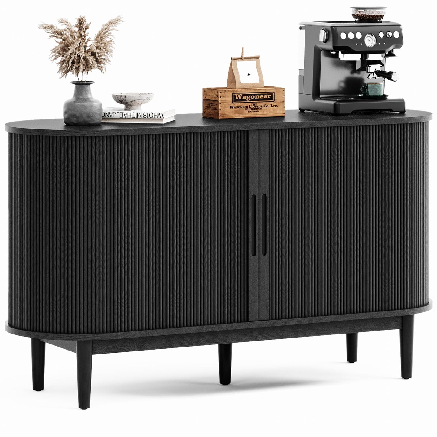 LINSY HOME Sideboard Buffet Cabinet with Storage, 55" Fluted Coffee Bar Cabinet with Tambour Sliding Doors and Drawer, Mid Century Modern Wood Storage Buffet Table for Kitchen (Black)