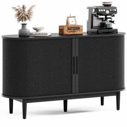 LINSY HOME Sideboard Buffet Cabinet with Storage, 55" Fluted Coffee Bar Cabinet with Tambour Sliding Doors and Drawer, Mid Century Modern Wood Storage Buffet Table for Kitchen (Black)