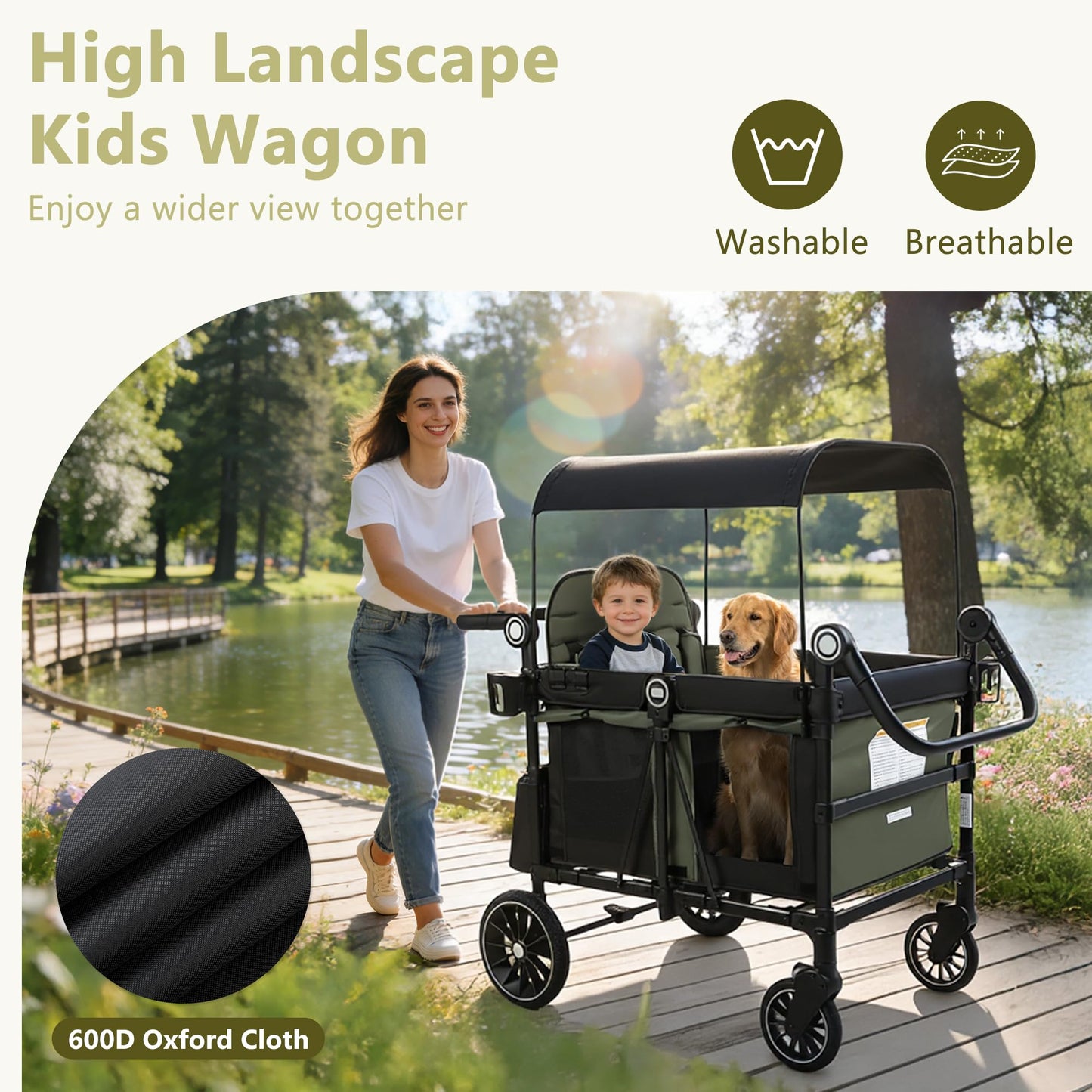 Kinder King Wagon Stroller for 4 Kids, All-Terrain Foldable Outdoor Stroller Wagon 4 Seater, Removable Canopy, Adjustable Handle, Detachable Tray, Large Storage, Green