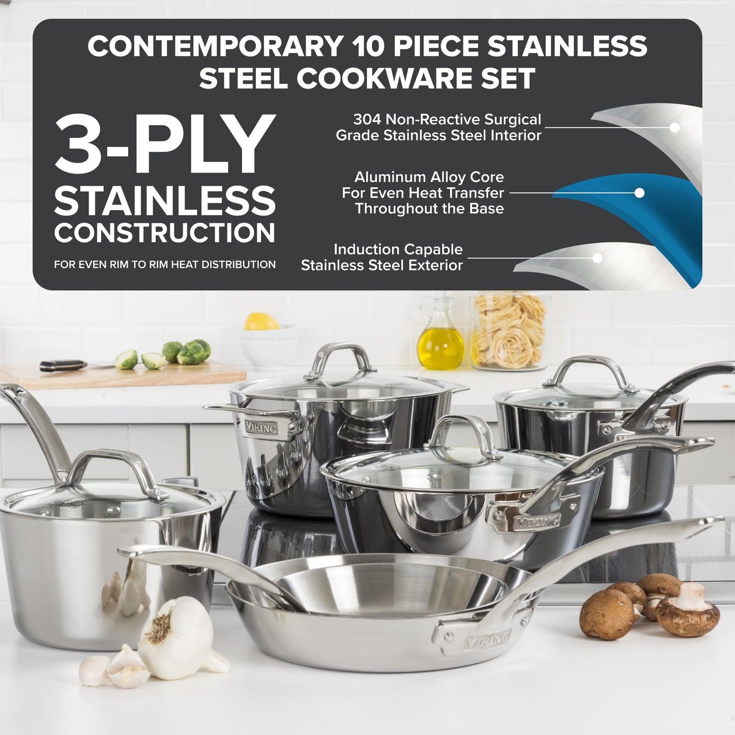 Viking Contemporary 3-Ply Pots and Pans Set, 10 Piece Stainless Steel Kitchen Cookware, Silver