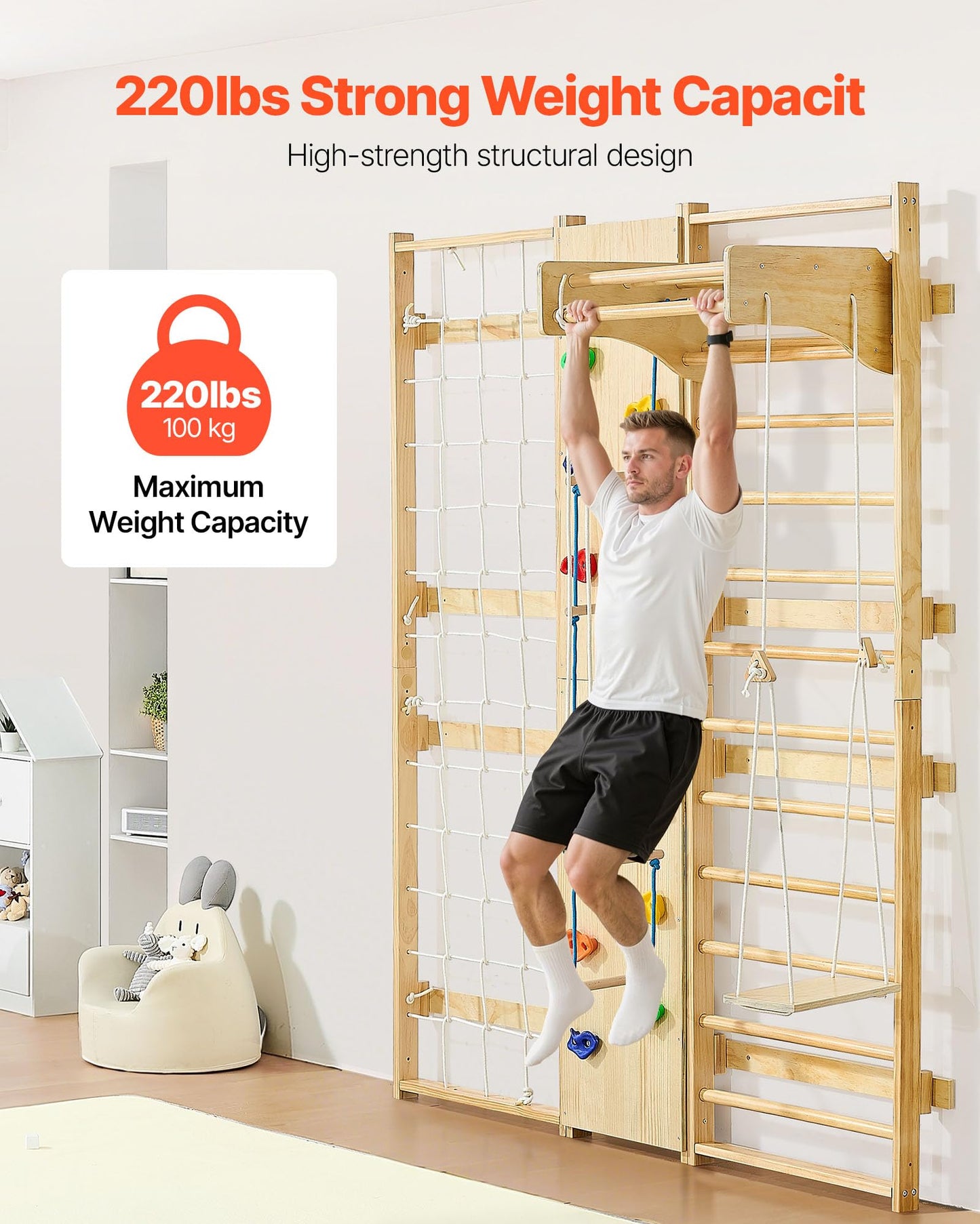 VEVOR Swedish Ladder Wall Gym, 9-in-1 12-Level Solid Wood Gymnastic Stall Bars for Kids Adults, 220LBS Indoor Jungle Gym with Rock Climbing Wall, Gym Rings, Pull-Up Bar, Climbing Board, Slide, Swing