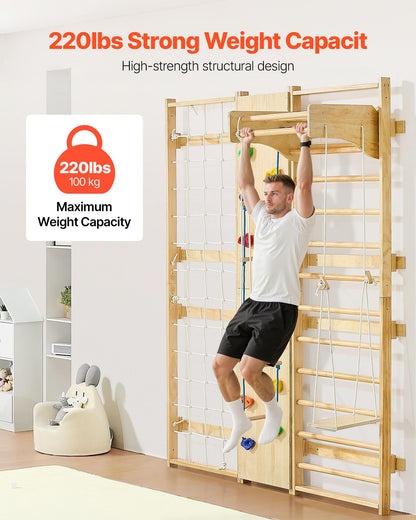 VEVOR Swedish Ladder Wall Gym, 9-in-1 12-Level Solid Wood Gymnastic Stall Bars for Kids Adults, 220LBS Indoor Jungle Gym with Rock Climbing Wall, Gym Rings, Pull-Up Bar, Climbing Board, Slide, Swing