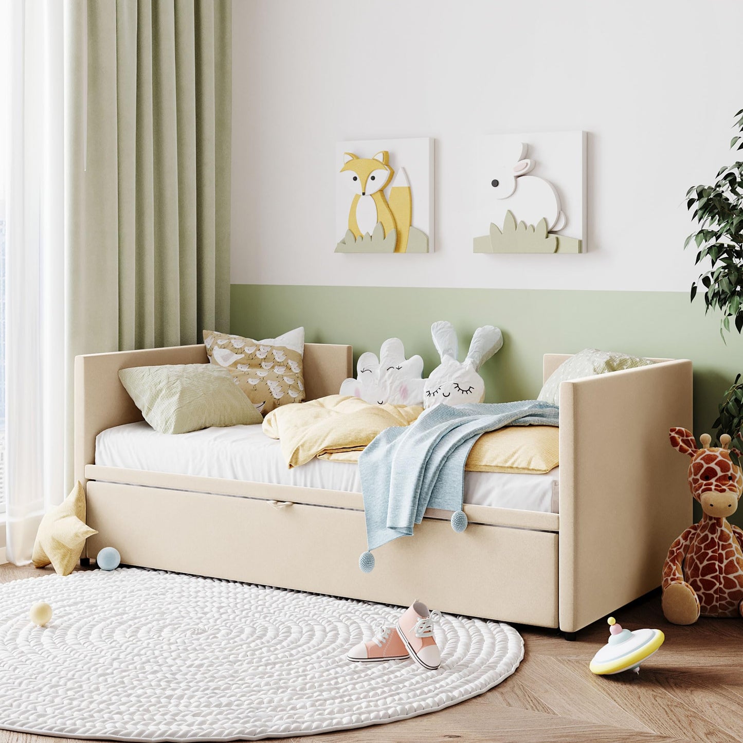 Merax Twin Size Upholstered Daybed Sofa Bed Frame with Extendable Trundle,Backrest and Two Armrests,for Bedroom,Beige Yellow