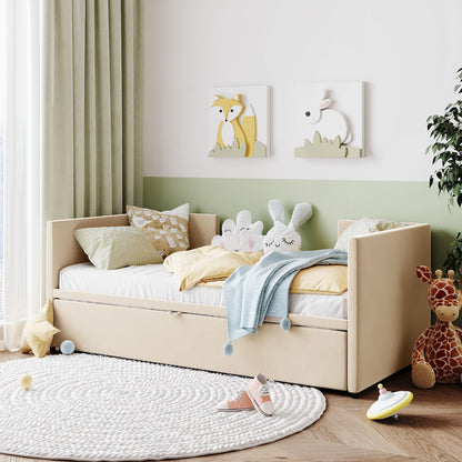 Merax Twin Size Upholstered Daybed Sofa Bed Frame with Extendable Trundle,Backrest and Two Armrests,for Bedroom,Beige Yellow