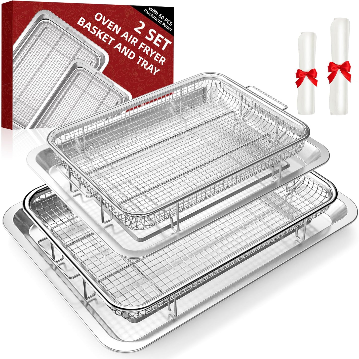 Air Fryer Basket for Oven, 2 Set Oven Air Fryer Basket and Tray with 60 PCS Parchment Papers, DEGOVIN Crisper Tray Non-stick Stainless Steel Air Fry Pans for Convection Oven(14.88" ×10.98"&13" × 9.7")