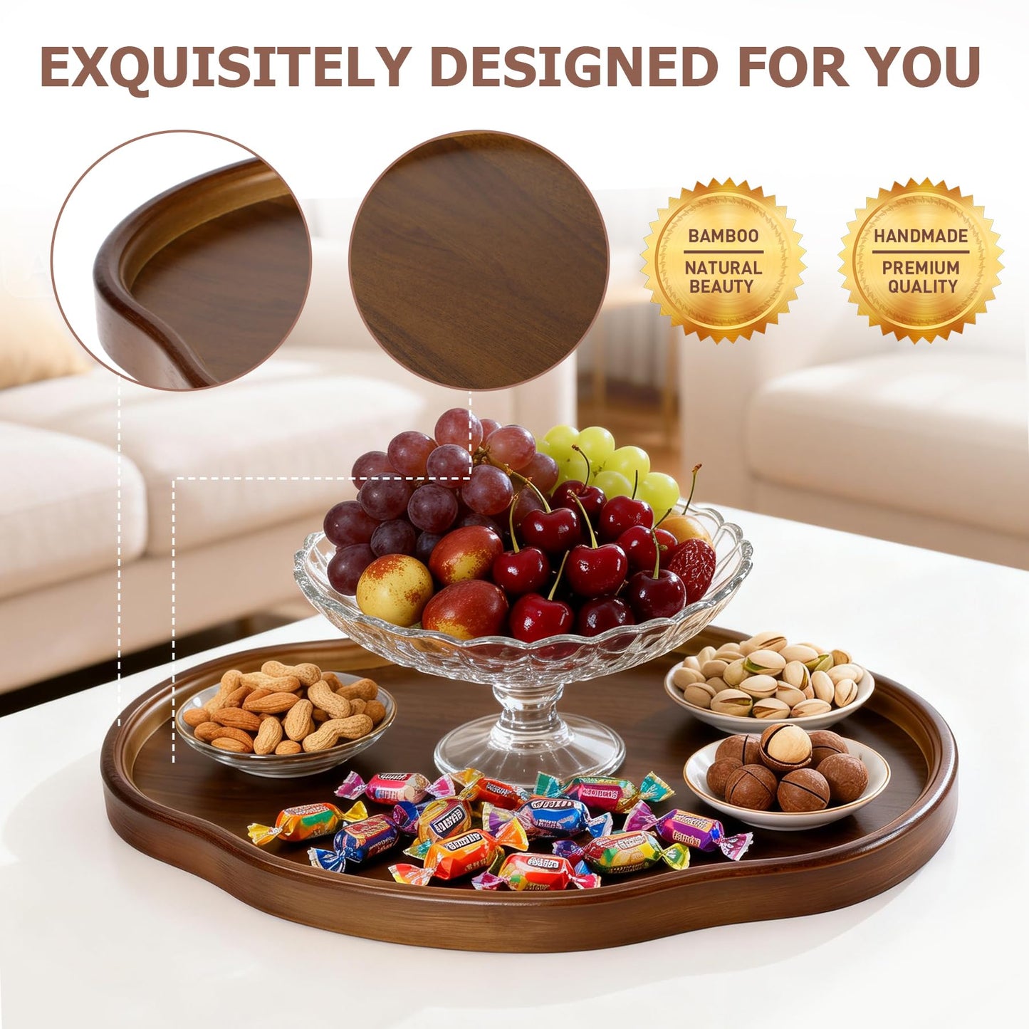 Wood Serving Tray, Wooden Tray, 14.57 Inch Irregular Decorative Serving Trays Platters for Home,Party,Coffee Table,Dining Table & Countertop