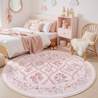 5ft Round Rug Washable Circle Rug Non Slip Low Pile Boho Floral Small Circular Rug for Bedroom, Bathroom, Entryway