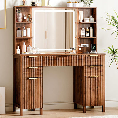 Vanity Desk with Large 27.2" Mirror and Lights 47.2" Fluted Makeup, 5 Drawer Vanity with Power Strip, 4 Open Shelves, 2 Cabinet, Modern Bedroom Vanity Featuring Visual Transparent Glass. Brown