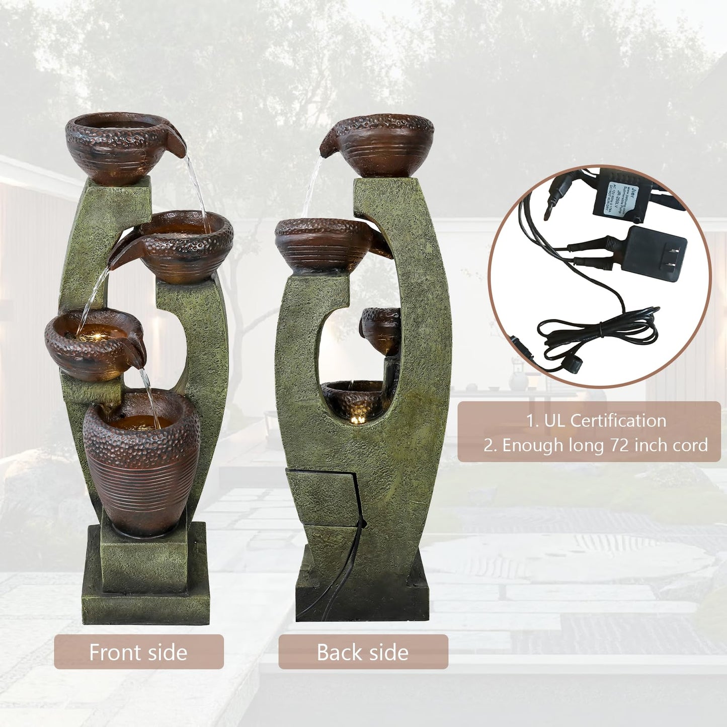 Naturefalls 40" Tall Outdoor Water Fountain and Waterfalls - Large Garden Fountain with LED Lights, 4-Tier Crocks, Indoor and Outdoor Fountains for Garden, Patio, Deck, Porch, Backyard and Home, Gray