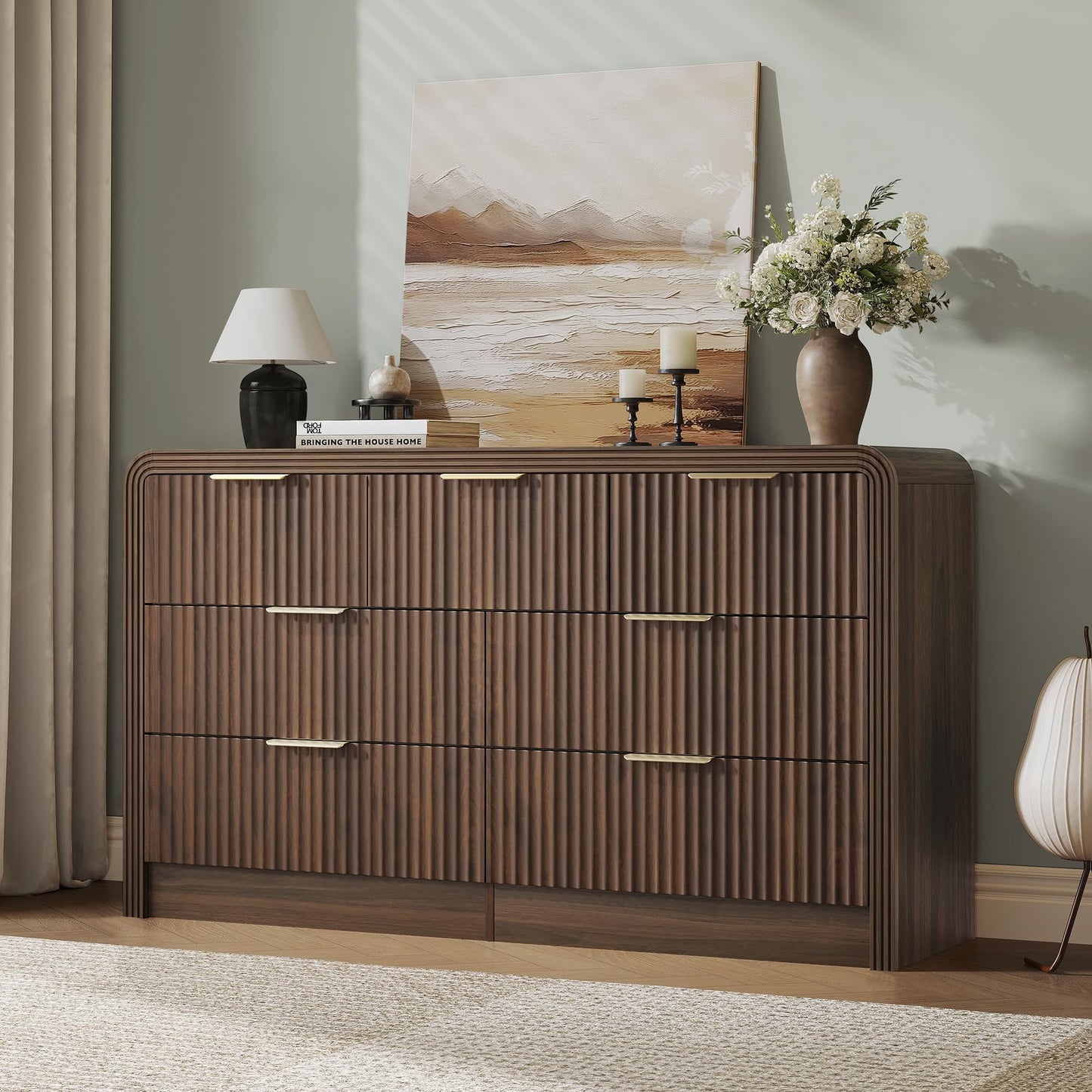 Decofy Fluted Drawers Dresser for Bedroom, Wood Dressers with Gold Handles, Modern Dressers with Wave Texture, Large Storage Chest of Drawers, Bedroom Dresser Organizer 55'' & 7 Drawers (Walnut)