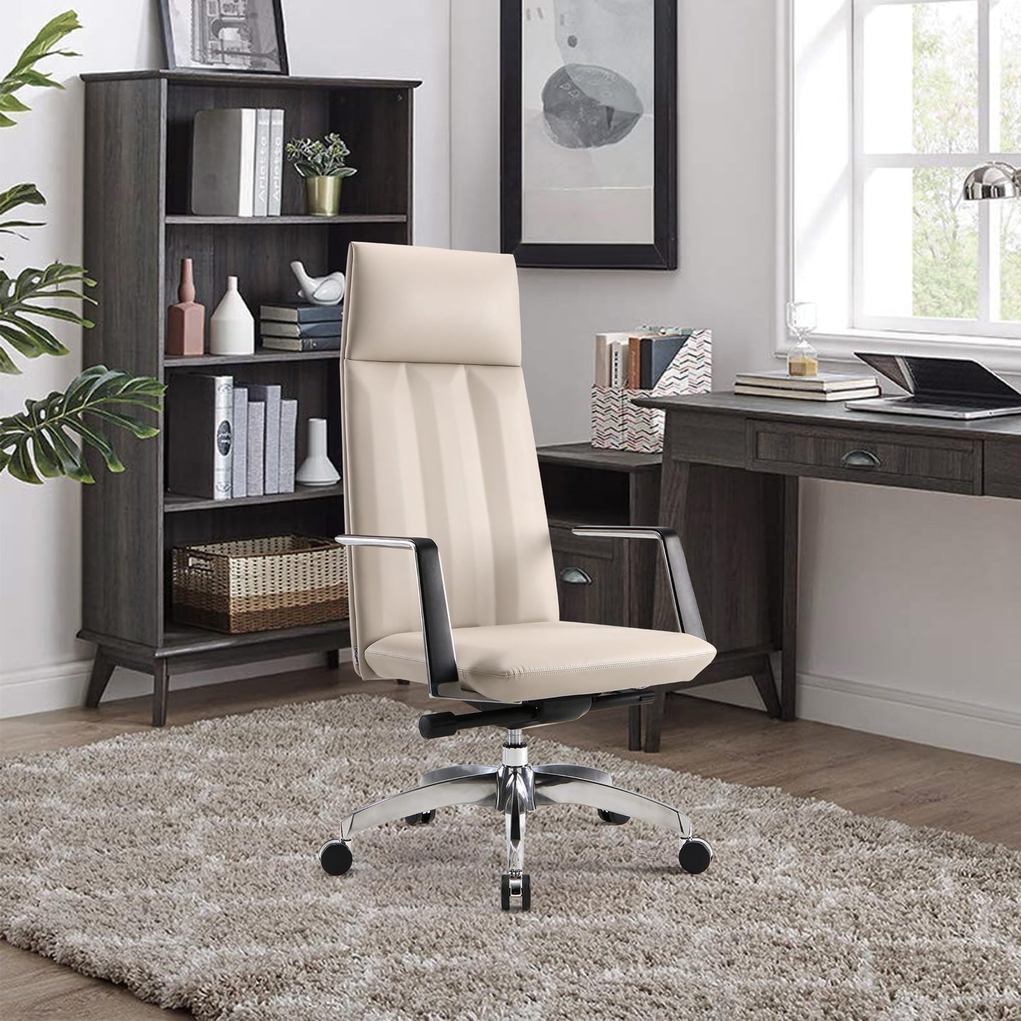 Ergonomic High Back Office Chair, Big and Tall Office Desk Chairs with Adjustable Height and Tilt Angle, Mid Century Modern Computer Desk Chair, Leather Executive Chair for Home Office(Khaki)