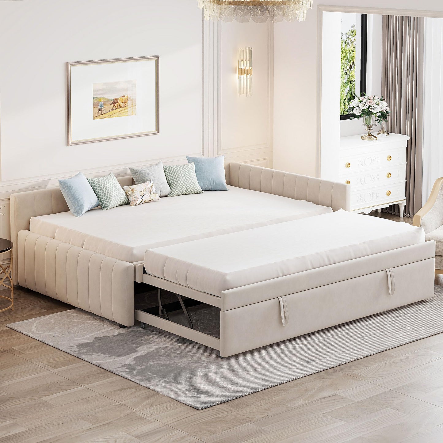 GDFStudio Full Size Upholstered L-Shaped Daybed with Pop Up Trundle, Vertical Stripe Design, Padded Backrest, No Box Spring Needed, Beige