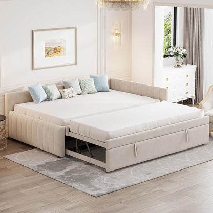 GDFStudio Full Size Upholstered L-Shaped Daybed with Pop Up Trundle, Vertical Stripe Design, Padded Backrest, No Box Spring Needed, Beige