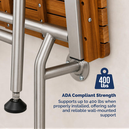 Teak Shower Seat Bench with Drop Down Legs – ADA Compliant Folding Teak Shower Bench, Wall Mounted Fold Up Bath Seat, 400 lb Capacity, Waterproof Teak Wood (24 Inches)
