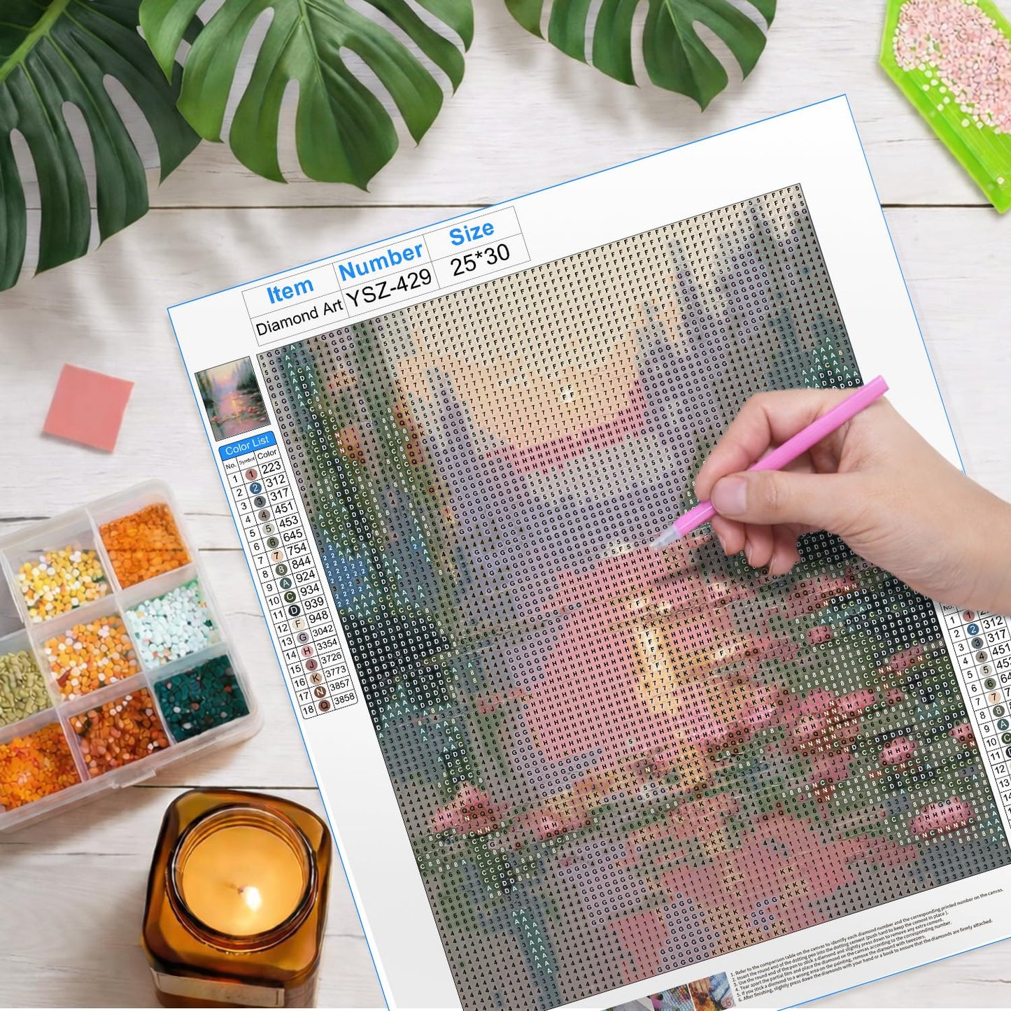 FOPENEM Pink Pastel Sunset Waterlily Landscape Diamond Painting Kit for Adults Beginners 9.8x11.8 Inch, Romantic Impressionist Lotus Flower Pond Gem Diamond Painting Art Kits for Home Wall Decor
