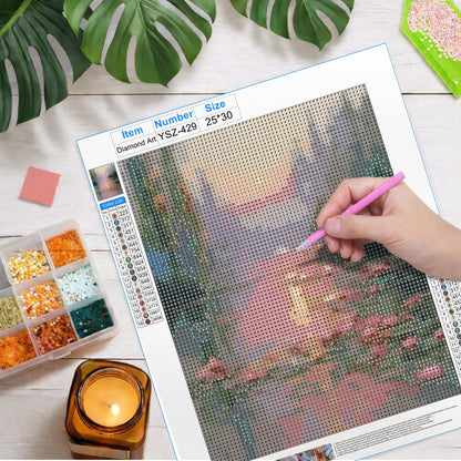 FOPENEM Pink Pastel Sunset Waterlily Landscape Diamond Painting Kit for Adults Beginners 9.8x11.8 Inch, Romantic Impressionist Lotus Flower Pond Gem Diamond Painting Art Kits for Home Wall Decor