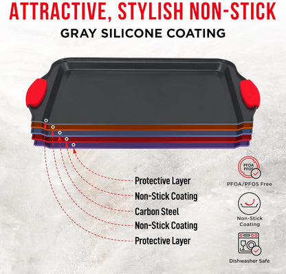 Skiennix Nonstick Carbon Steel Bakeware Set - Professional Quality Kitchen Trays | PFOA-Free, Red Silicone Handles