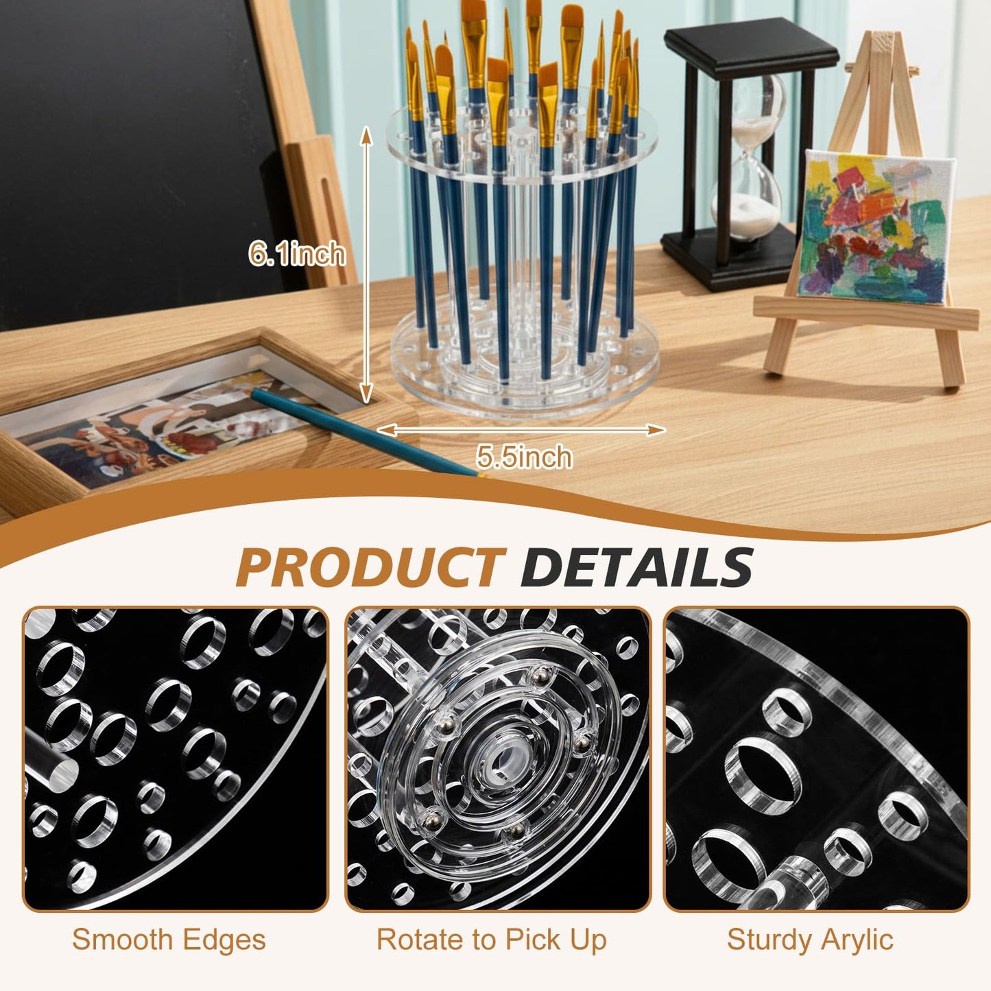 Fiwochic Acrylic Rotating Paint Brush Holder, 360° Clear Handmade Rotating Paint Brush Holder Organizer Spinning Desktop Caddy for Artists Makeup Arts Crafts Tools Calligraphy Pens