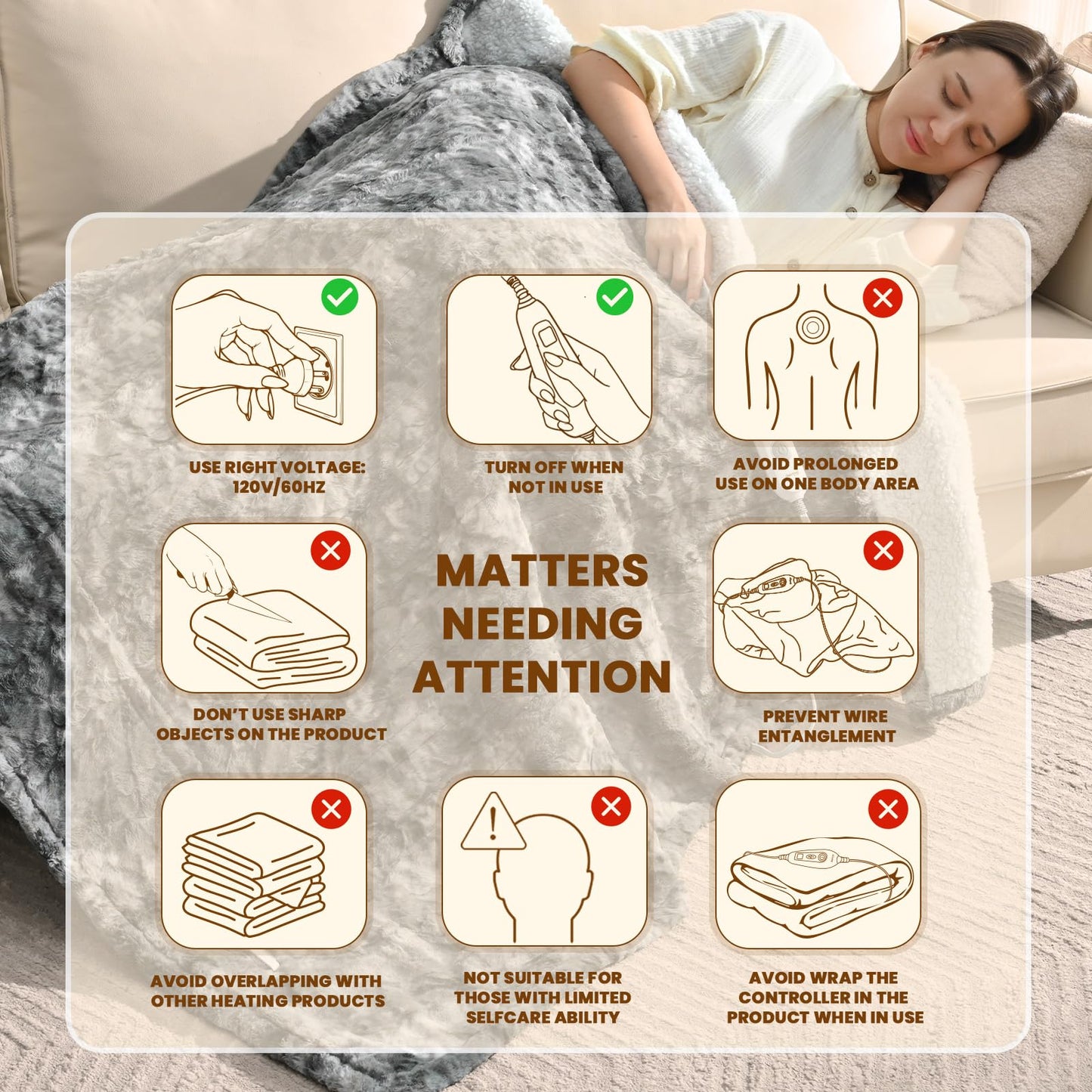 Bearhug Electric Blanket King Size 100" x 90", Dual Controller Heated Blanket, White Flower Patterns Faux Fur & Warm Sherpa, 10-Heat Levels & 1-12H Auto Off,ETL, Machine Washable