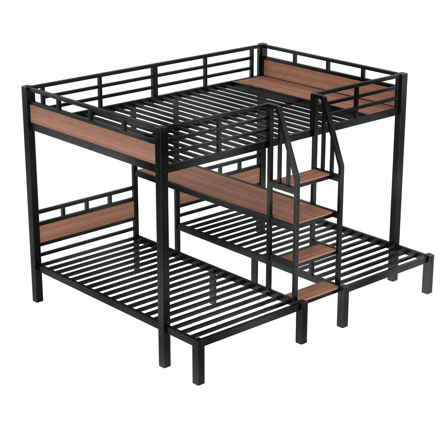 Bellemave Queen Over Twin Over Twin Bunk Bed with Stairs and Storage Shelf, Heavy Duty Triple Bunk Beds with Safety Guardrails, Metal Triple Bunk Bed Frame for 3 Kids, Teens, Black