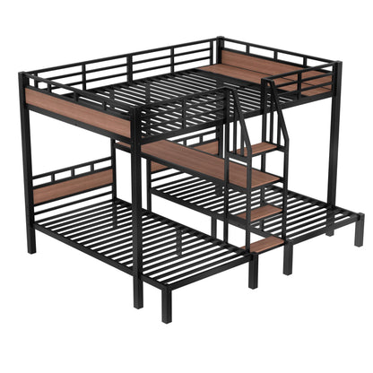 Bellemave Queen Over Twin & Twin Bunk Bed with Shelves, Metal Triple Bunk Beds with Safety Guardrails and Underbed Storage, Heavy-Duty 3 Bunk Beds for Kids, Teens, Adults, No Box Spring Needed, Black