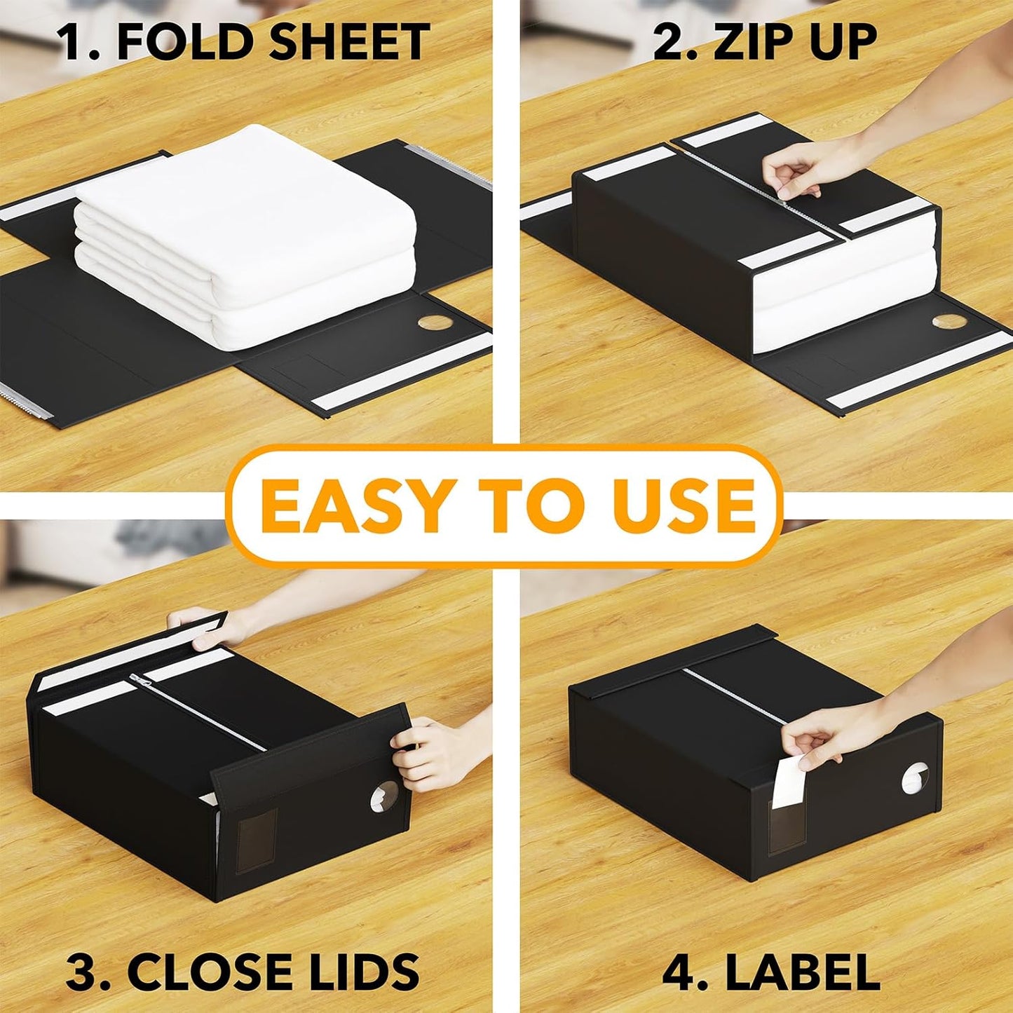 SpaceAid Bed Sheet Organizer - Foldable Storage with Window for Queen & King Size Bedding (Black)