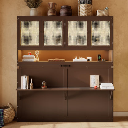 DNYN Murphy Bed Frame with Top Cabinet and LED for Bedroom/Guest/Study Room, Twin Size Wooden Foldable Wall Bed with USB Ports, Space-Saving Design & No Box Spring Needed