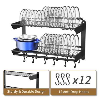 YIGII Pot and Pan Organizer with 12 Anti-Drop Hooks, 2 Tier Heavy Duty Pot Rack Wall Mounted, Kitchen Cookware Utensils Hanger Organizers and Storage