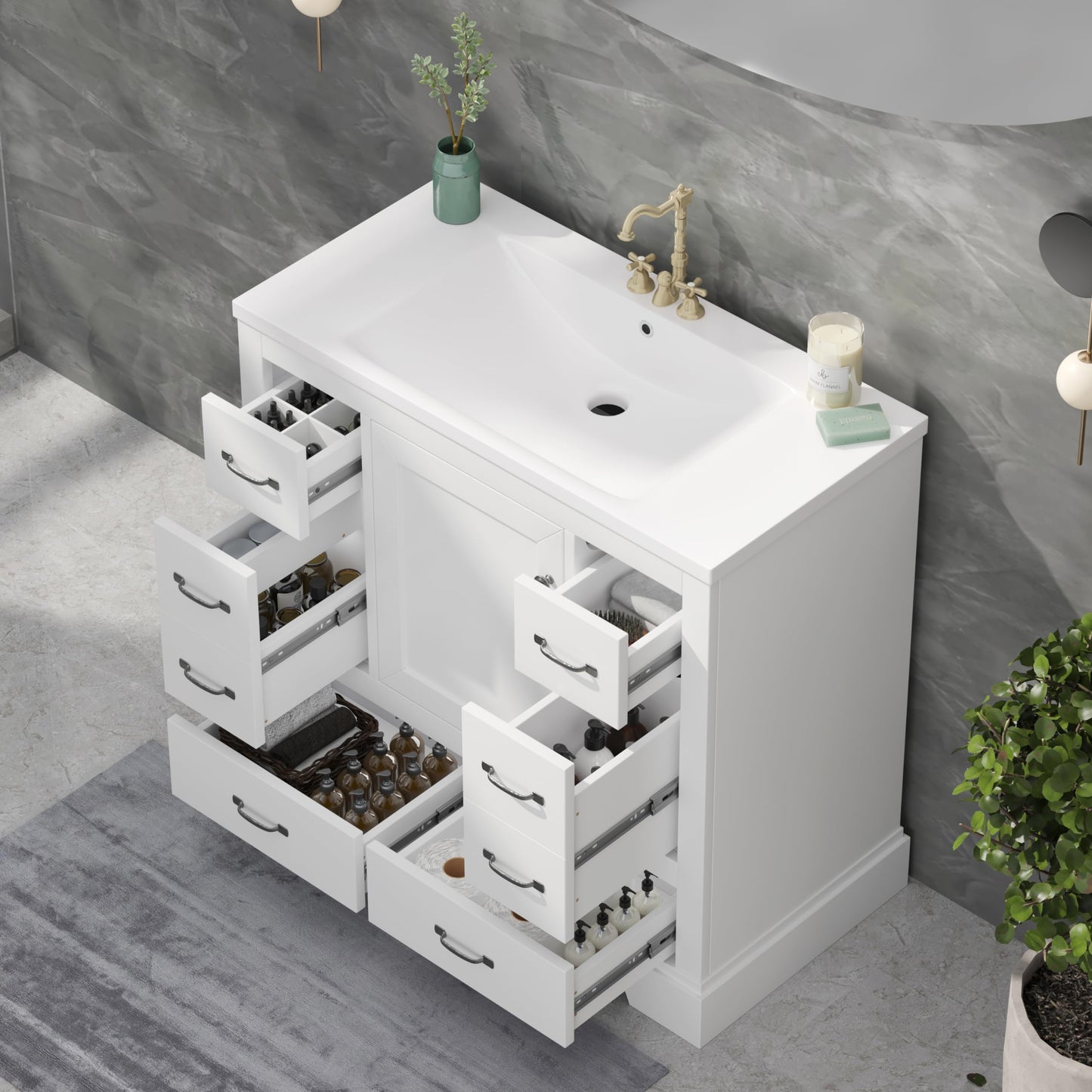 36" Bathroom Vanity Cabinet with Sink Set w/Painted Solid Wood Legs, Undermount Ceramic Top, Multi-Functional Drawers, Storage Dividers, White