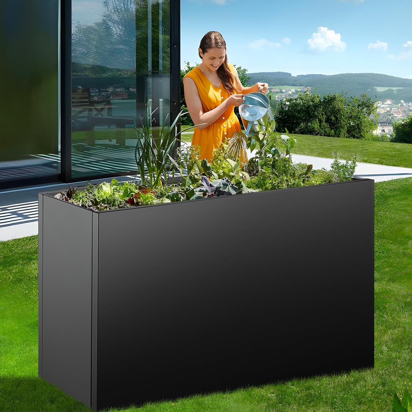 Meyoppm 40"x16"x24" Steel Planter Box, Heavy Duty Galvanized Metal Planter with Drainage Hole, Rust-Resistant Indoor & Outdoor Planter for Patio, Balcony, Garden Black