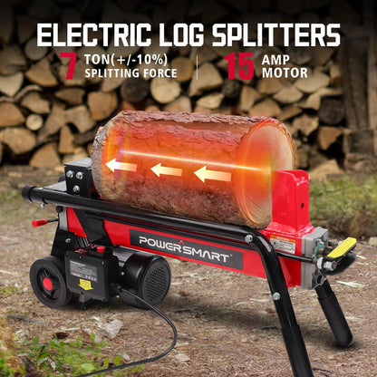 PowerSmart Electric Log Splitter 7-Ton, Wood Splitter with 3500 Motor Speed, 15 Amp, Horizontal Full Beam Design and Steel Wedge for Firewood & Kindling Cutting