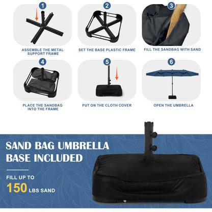 Sundale Outdoor Solar 15 ft 144 LED Olefin 5-Year-Non-Fading Patio Umbrella with Sandbag Base Included and Cover, Outdoor Double-Sided Umbrella with Lights, Navy