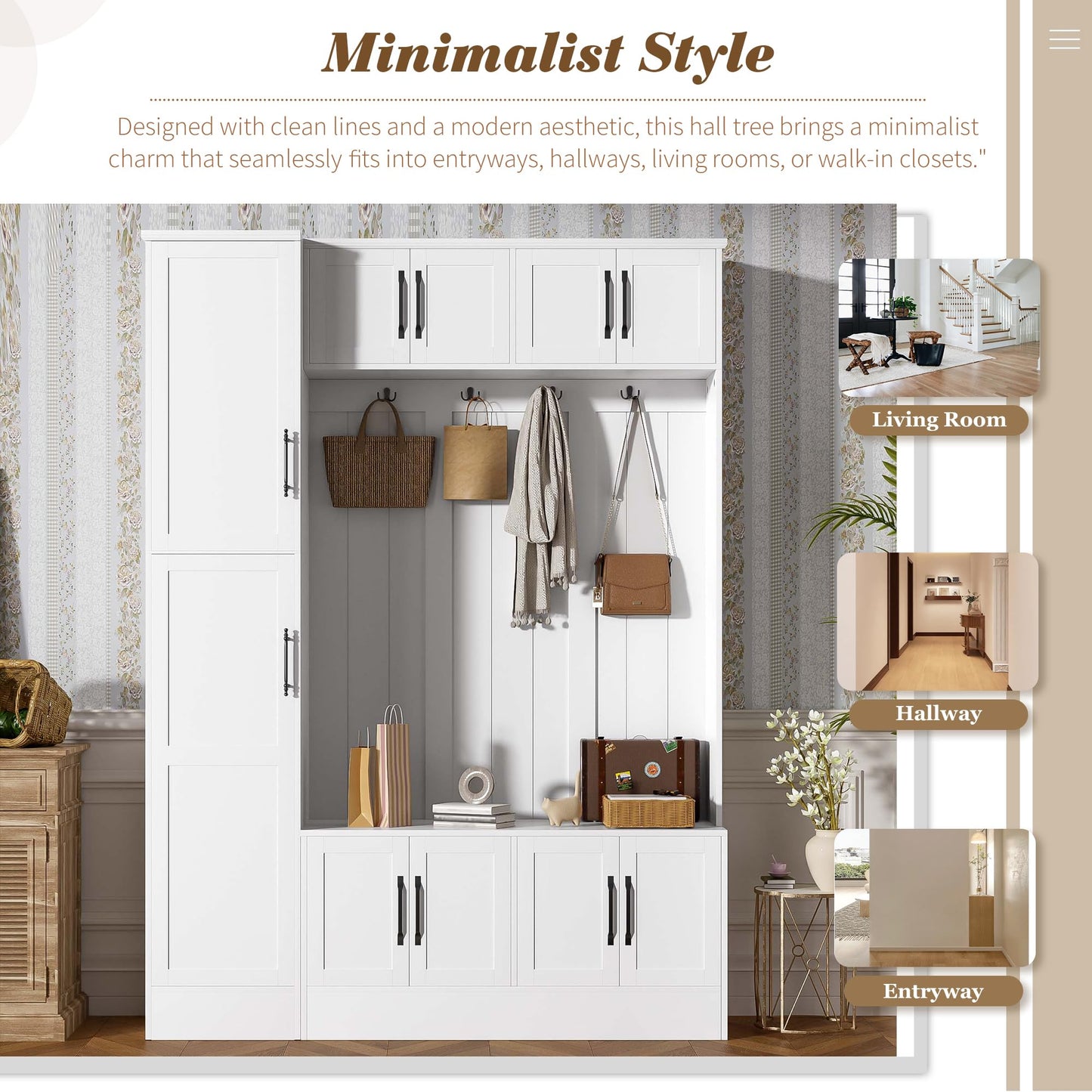 Merax Farmhouse Wood Hall Tree with Shoe Bench & 6 Cabinets, 4-in-1 Coat Rack with 4 Hooks & Adjustable Shelves, Entryway Storage Organizer Cabinet for Entrance, Hallway, Mudroom White