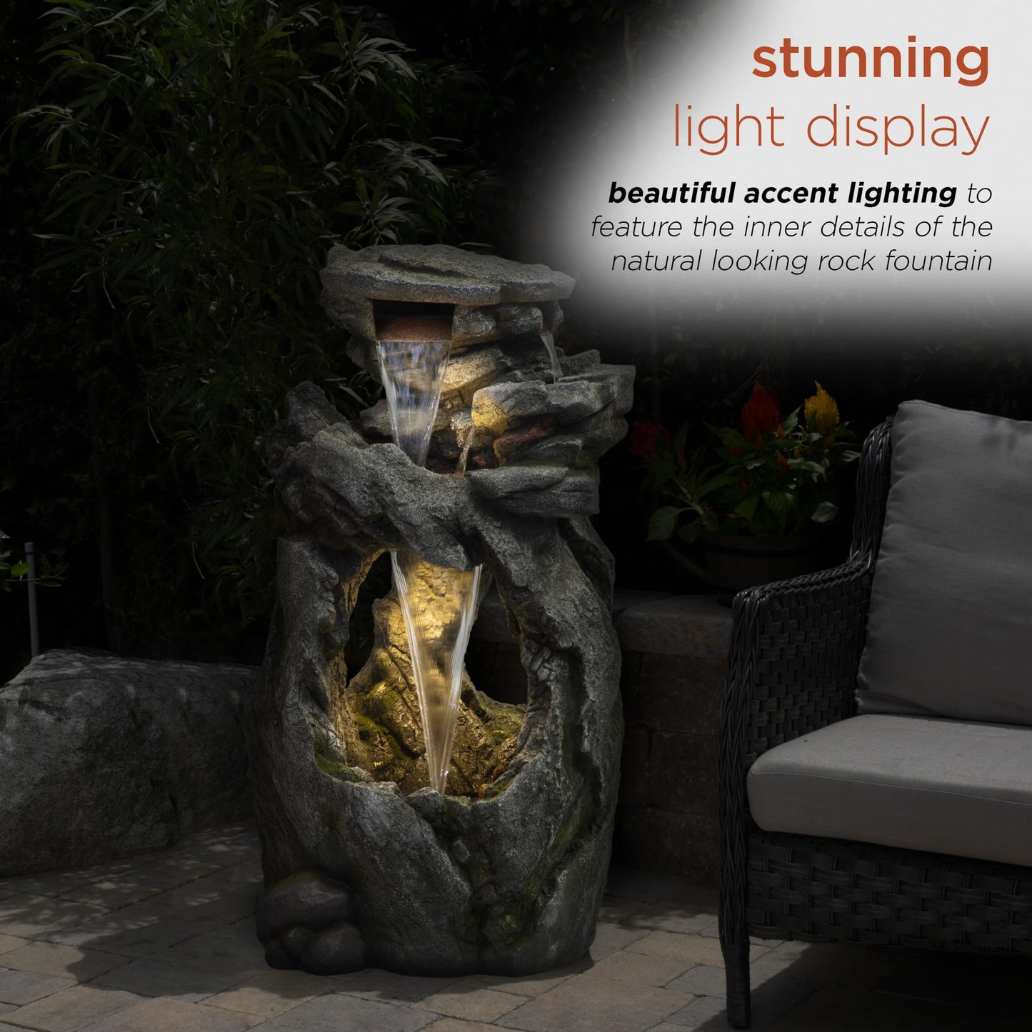 Alpine Corporation 41" Tall Outdoor Cascading Rainforest Rock Waterfall Floor Fountain with LED for Gardens, Patios, and Yards, Brown