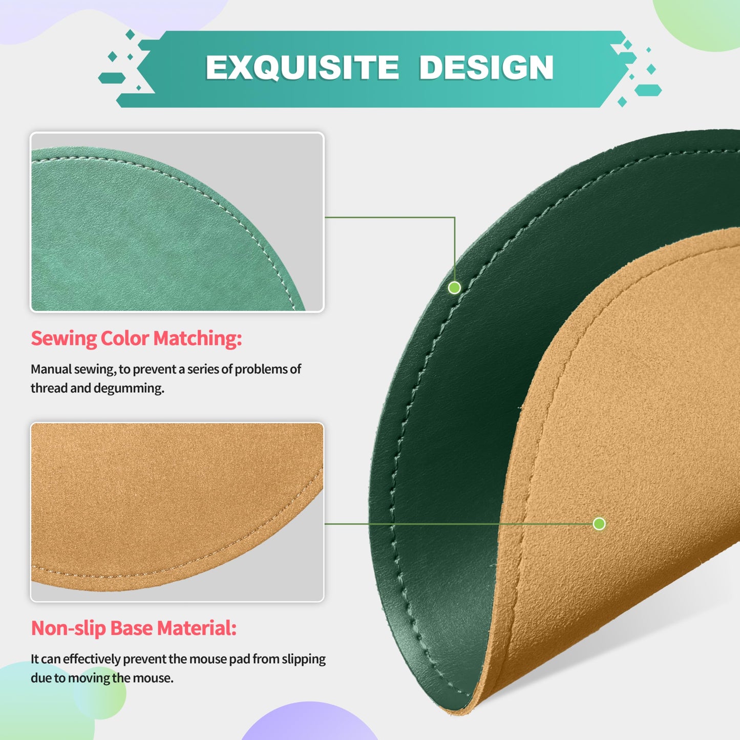 Mouse Pad，Round Mouse Pad，PU Mouse Pad，Leather Mouse Pad with Stitched Edge Micro-Fiber Base with Non-Slip Waterproof，Mouse Pad for Computers，Laptop，9 x 9 Inch (Army Green)
