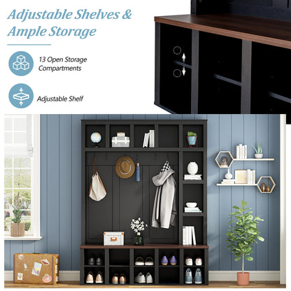 Merax Hall Tree with Bench and Shoe Storage, Farmhouse Wooden Coat Rack with 6 Hooks, Built-in 18 Open Compartments, for Entryway, Living Room, Black