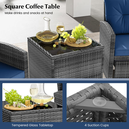 Tangkula 5 Pieces Patio Conversation Set, PE Wicker Rattan Outdoor Furniture Set with 2 Chairs, 2 Ottomans & Tempered Glass Coffee Table, Ideal for Poolside, Backyard, Lawn, Deck, Mix Grey & Navy