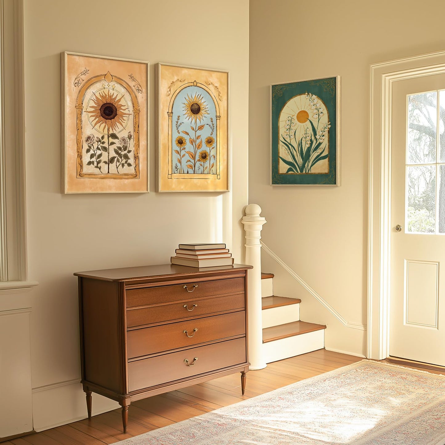 Framed Boho Sage Green Wall Art for Living Room, Large Mid Century Modern Tropical Leaf Canvas Artwork for Walls, 3 Piece Beige Orange Bohemian Wall Art Prints for Bedroom Kitchen Hallway, 16x24 Inch