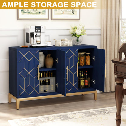 HLR 48" Accent Cabinet with 4 Doors and Shelves, Modern Credenza Storage Cabinet with Gold Trim, Sideboard Buffet for Living Room, Kitchen, Dining Room, Hallway, Blue